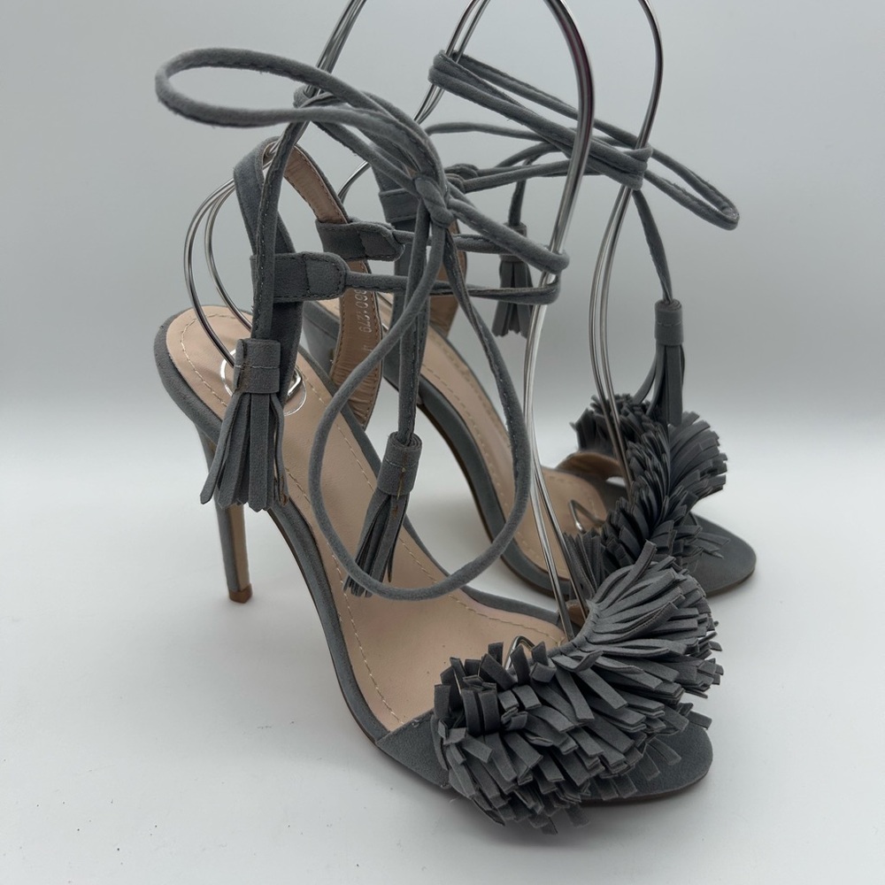 Missguided Grey Suede With Fringe Open Toe High Heel Ankle Wrap Size 6 Uk 4
